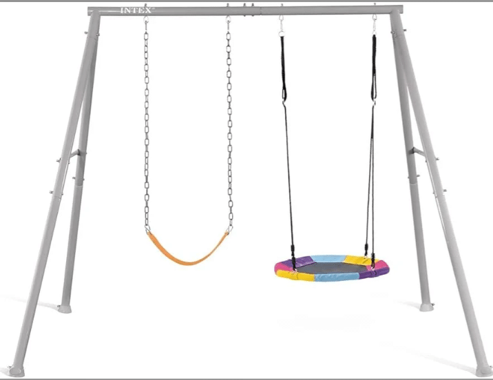 סט נדנדות לחצר עם מסגרת מתכת, נדנדת מושב גמיש ונדנדת צלחת עגולה צבעונית | yrz
