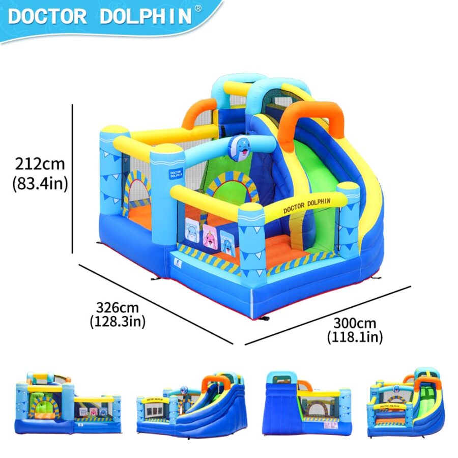 מתנפח בית קופצני לילדים Doctor Dolphin עם מגלשה, מוצג עם מידות 326×300×212 ס״מ | yrz